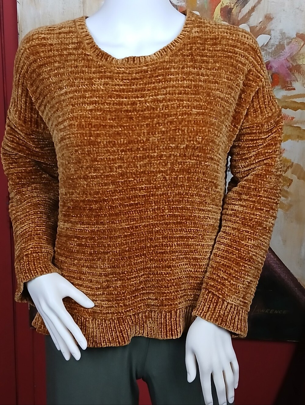 Pink Rose Mustard Chenille Knit Crew Neck Sweater Size Medium